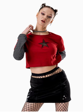 runningHIGH新款设计师品牌星星印花街头假两件短款T恤