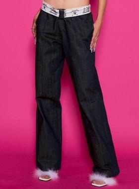 Badee 复古水洗做旧翻边腰带牛仔裤女宽松直筒拖地长裤子