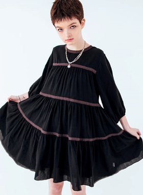 runningHIGH复古纯色多层花边镶边中袖连衣裙短裙韩国