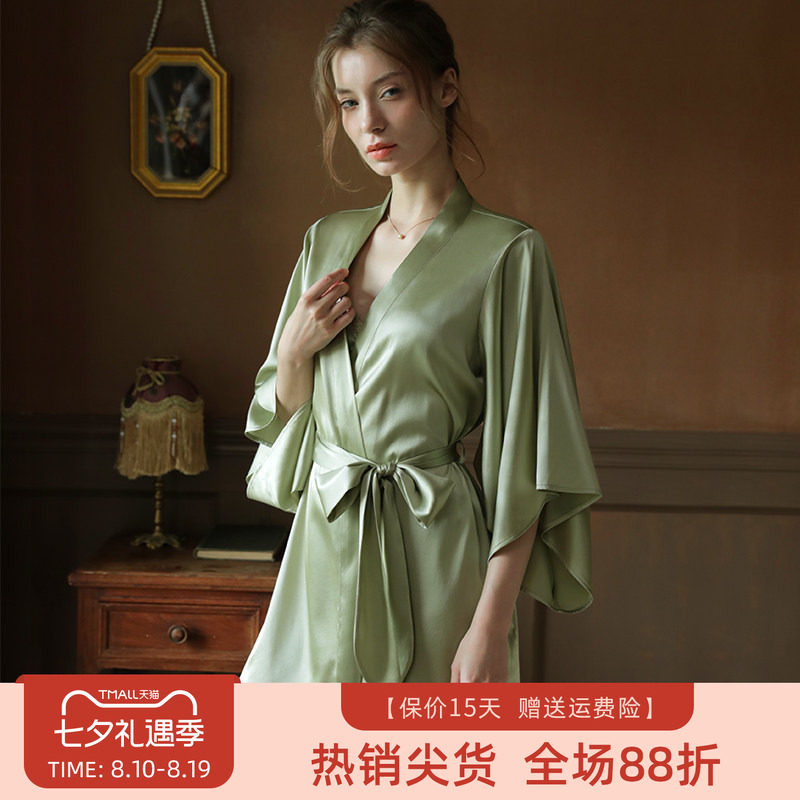 2025年新款牛油果绿真丝婚礼晨袍浴袍桑蚕丝睡衣女丝绸睡袍家居服