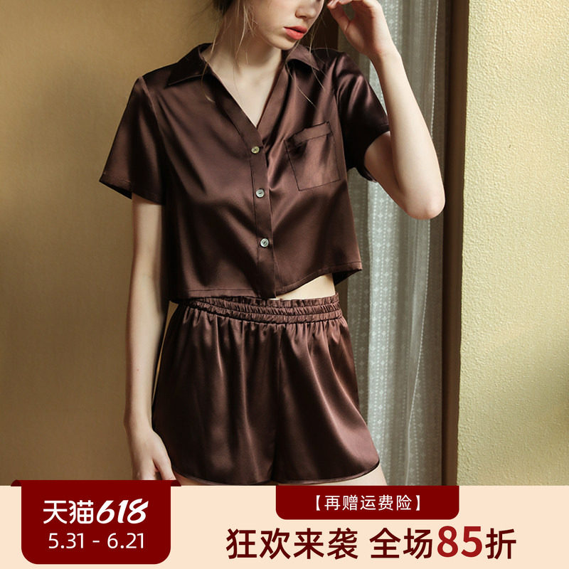 真丝睡衣女夏天桑蚕丝短款上衣丝绸家居服宽松短袖短裤薄款套装