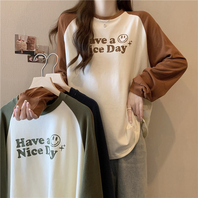 外贸美式复古拼接慵懒风宽松字母印花秋季圆领实拍长袖上衣女外贸