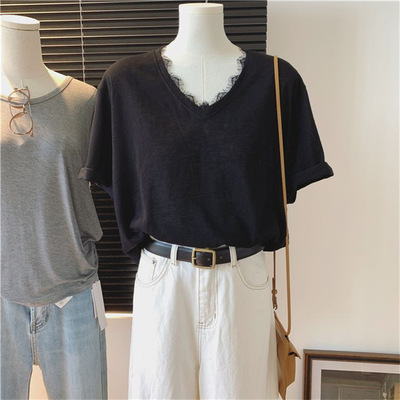 欧美风黑色V领蕾丝花边短袖T恤女夏季宽松韩版新款打底衫上衣