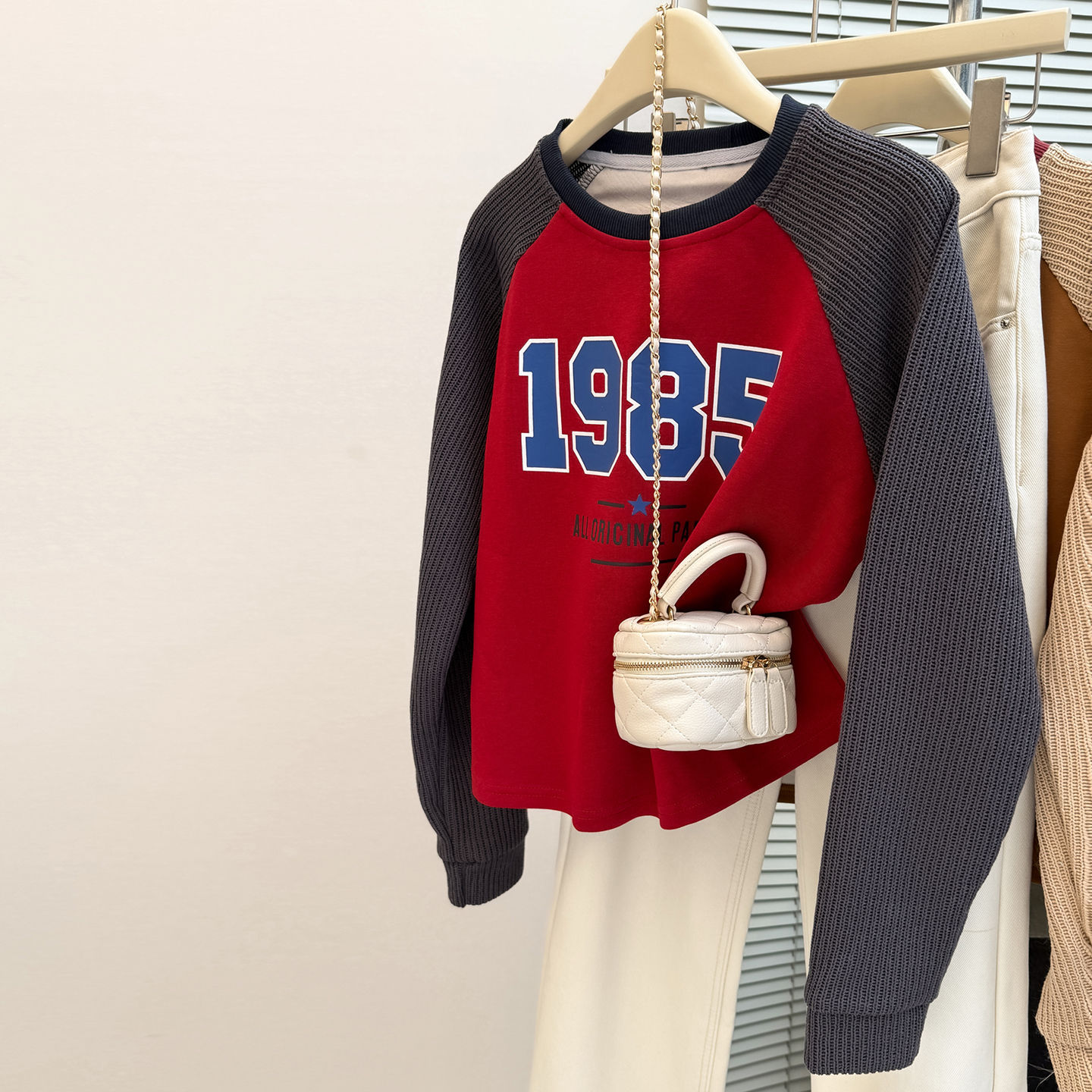 美式实拍插肩袖针织卫衣女春秋装韩版宽松薄款拼色圆领无帽上衣