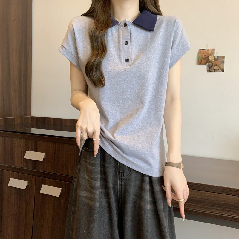 外贸实拍撞色Polo衫翻领短袖T恤女夏季韩版修身显瘦飞飞袖上衣