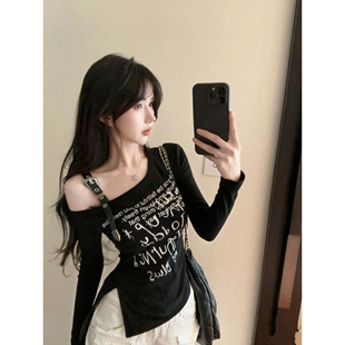 露肩上衣 设计感小众修身 纯欲风辣妹穿搭不规则斜领长袖 T恤女秋季