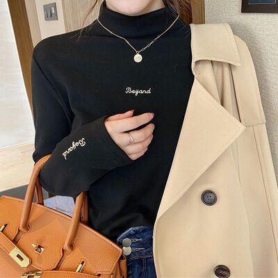 欧美风新款德绒半高领打底衫女秋冬加绒修身显瘦内搭上衣长袖t恤