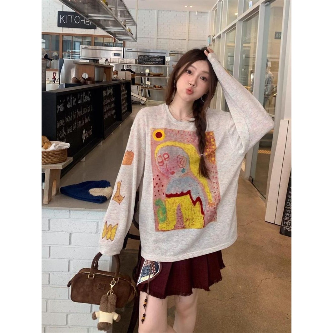 潮牌美式复古慵懒风长袖T恤女秋季卡通抽象涂鸦印花宽松休闲上衣