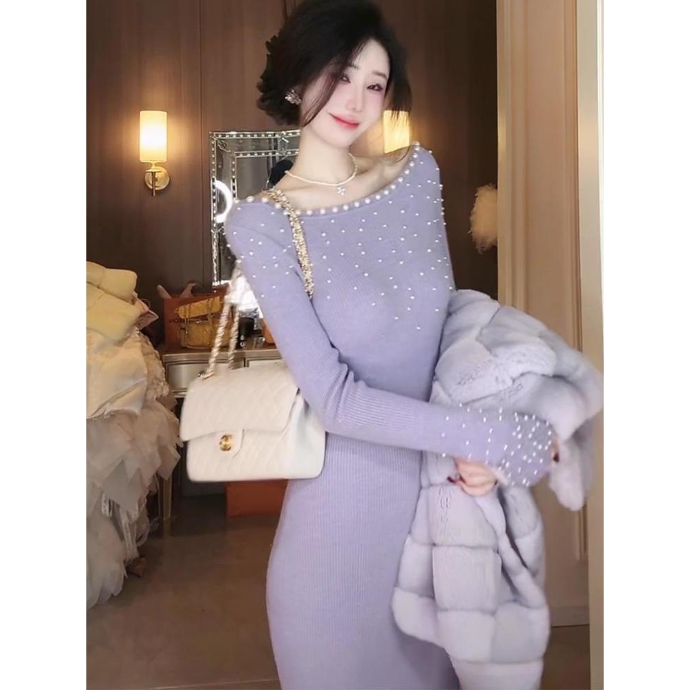 优雅气质千金风珍珠一字肩长袖毛衣裙秋冬新款修身针织连衣长裙女