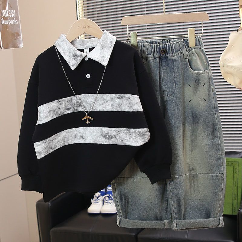 童装男童套装2025新款儿童春秋款帅气长袖卫衣牛仔裤两件套洋气潮