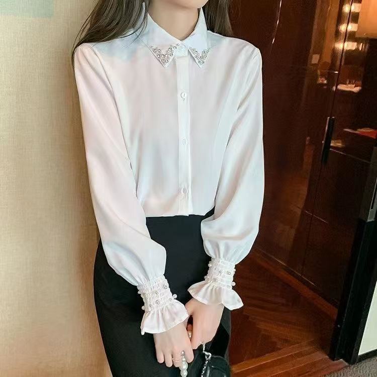 法式重工钉珠衬衫女春秋装2025新款设计感小众洋气甜美泡泡袖衬衣