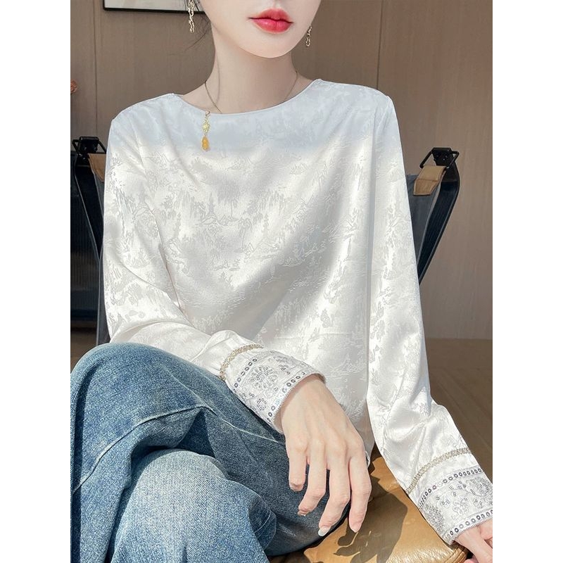 2025春秋新款气质奢华缎面圆领衬衫女新中式素雅提花休闲打底衬衣