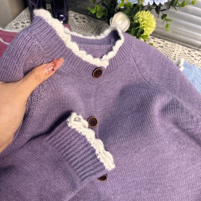 2025新款花边毛衣开衫女宽松针织衫上衣圆领时尚外套减龄洋气高级