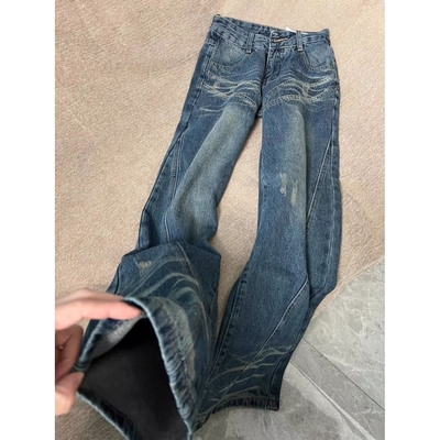 高个子加长版美式复古低腰微喇牛仔裤女秋季不贴腿显瘦宽松喇叭裤