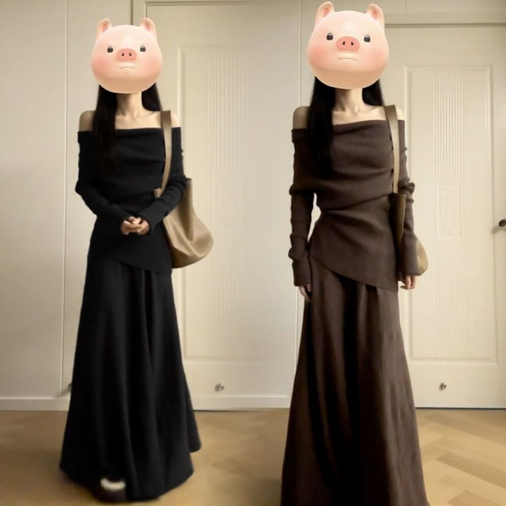 一字肩连衣裙子女2025新款纯欲风修身秋冬季流行穿搭一整套装长裙