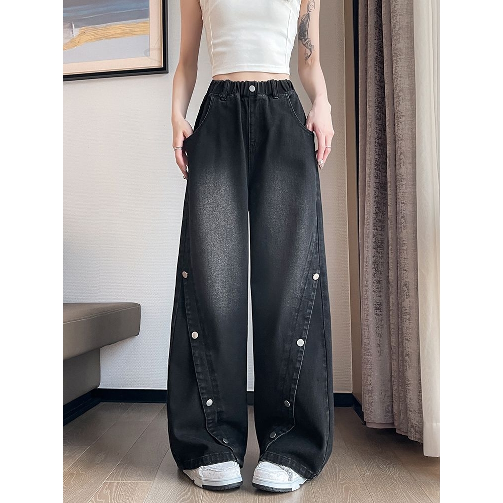 胖mm大码黑色牛仔裤女直筒阔腿宽松紧高腰学生秋冬加肥女装200斤