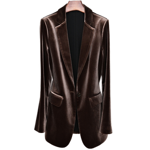 古丝2025春秋复古咖色西服金丝绒时尚通勤职业修身气质西装套装女