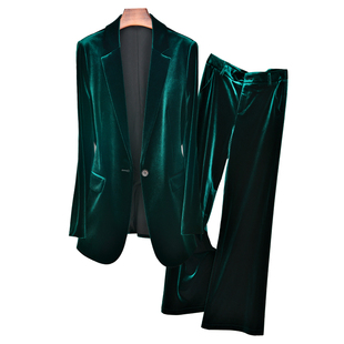套装 修身 西服上衣 时尚 墨绿色春秋职业高端金丝绒小个子气质小西装