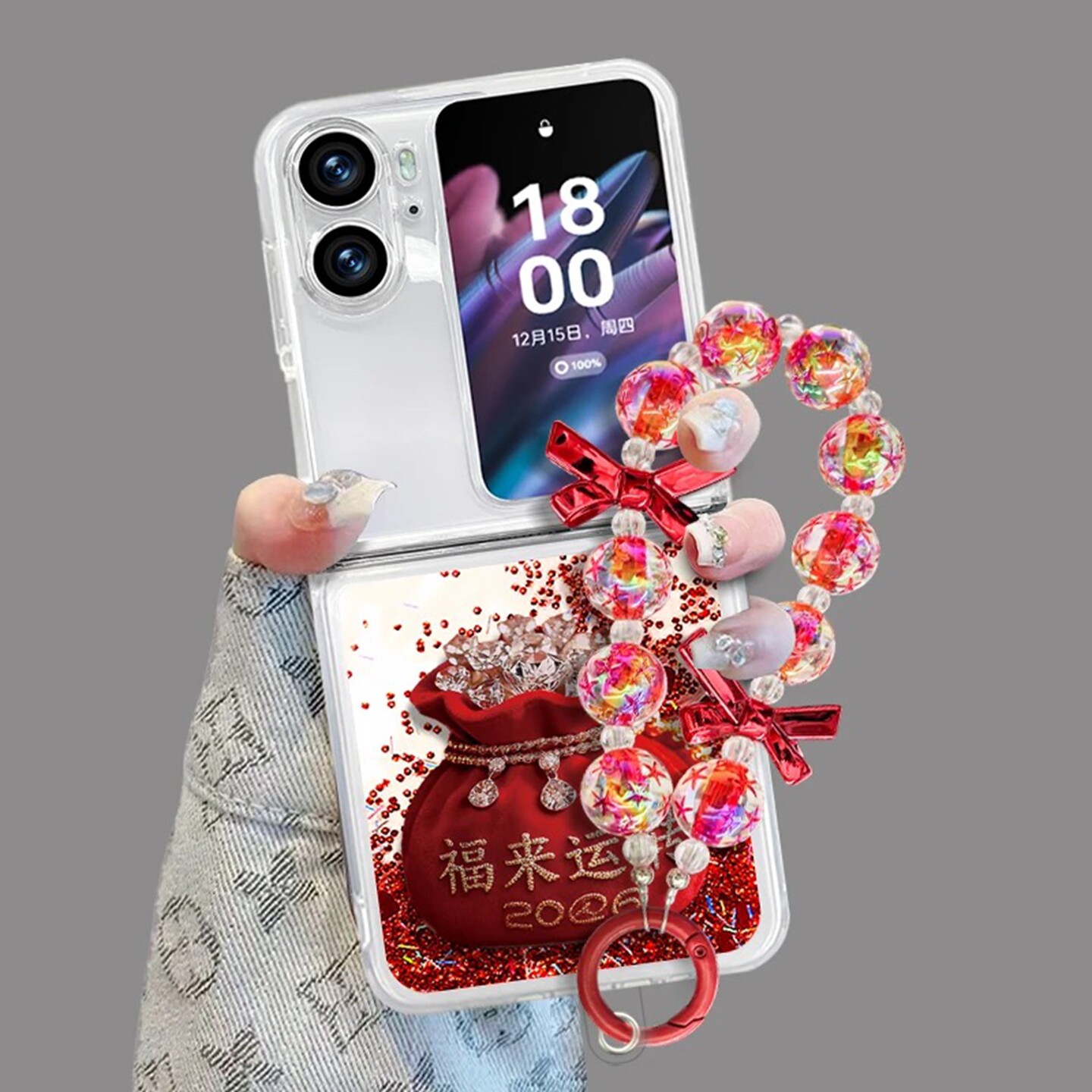 2026福来运转折叠流沙壳适用OPPOfindn2flip手机壳新款简约oppofindn3flip外壳硅胶防摔带手链透明保护套女款