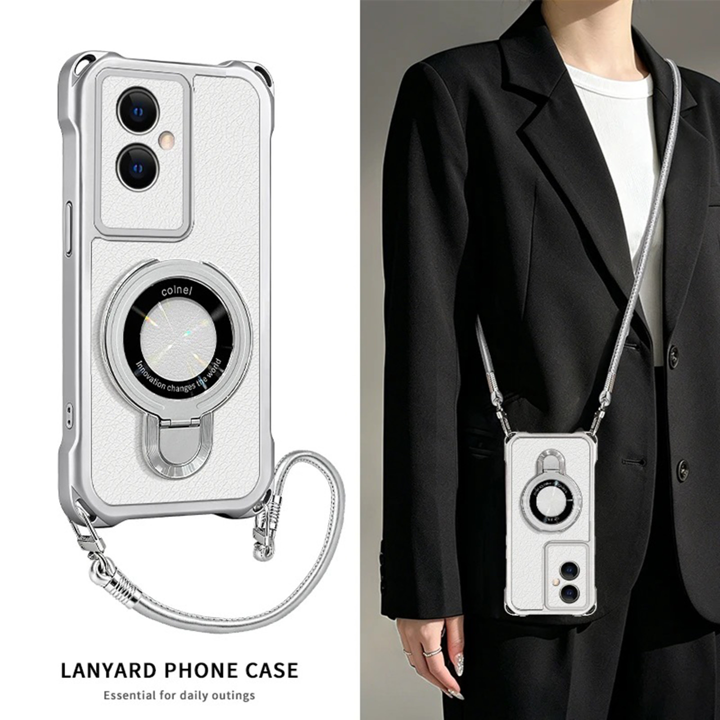 纯色四角挂绳贴皮壳适用OPPOa2手机壳新款轻奢简约a5pro/a3pro保护套硅胶防摔带手绳支架a5活力版外壳女款