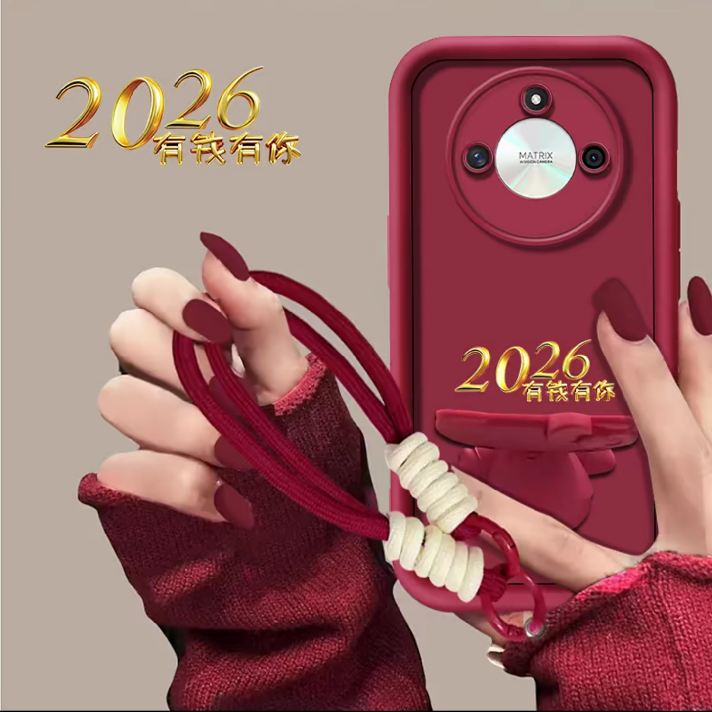 2026有钱有你适用荣耀x60手机壳新款简约高颜值荣耀x70/x50外壳硅胶软壳防摔镜子支架带手绳酒红色保护套女款