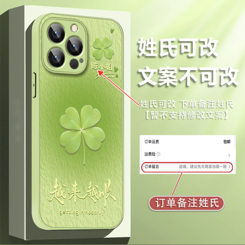 四叶草姓氏定制ag磨砂壳适用苹果15Promax手机壳新款简约iPhone17/16/15外壳硅胶防摔带手链防手汗保护壳女款