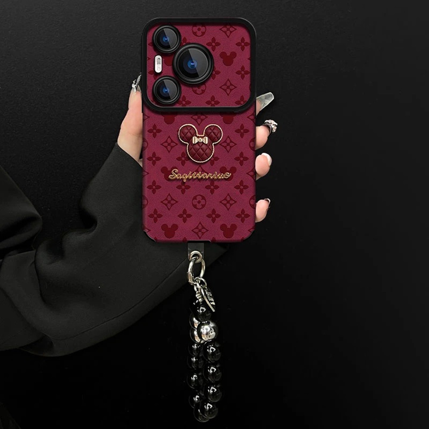 米奇红色贴皮大视窗适用华为pura70手机壳新款简约高颜值pura70Pro外壳硅胶防摔带手链pura80Pro保护壳女款