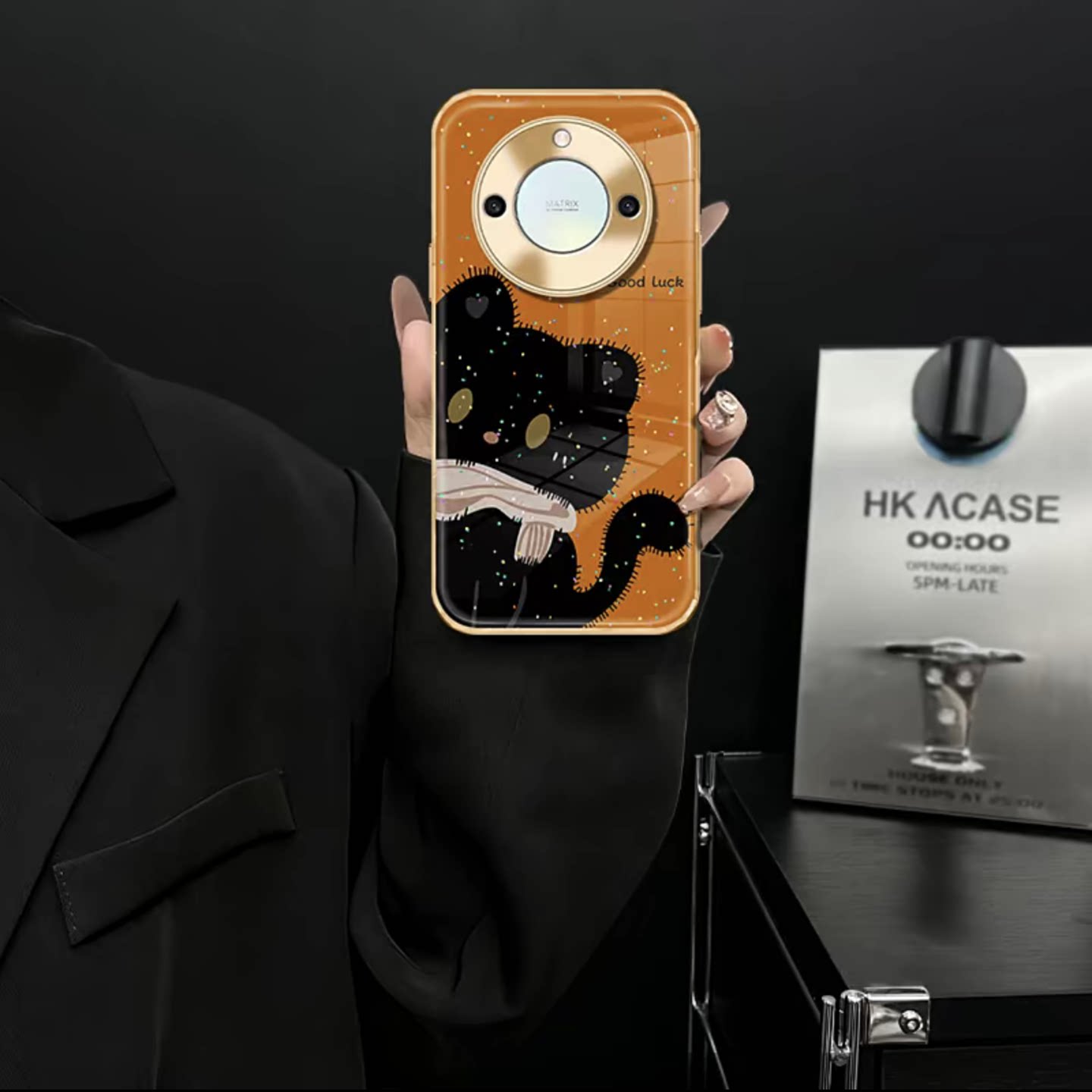 黑色猫咪电镀水凝壳适用荣耀x50手机壳新款简约高颜值荣耀400/300/200外壳硅胶防摔带手链荣耀x70手机套女款