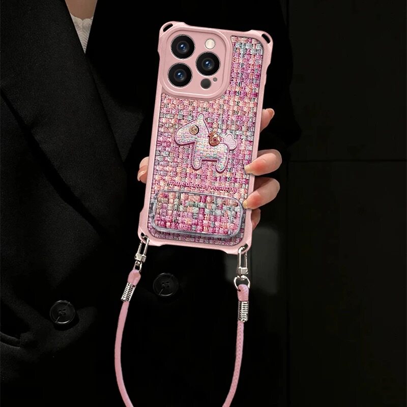 编织小马适用苹果华为oppo小米vivo红米荣耀手机壳新款四角挂绳皮纹16Promax保护套女款14巨好看17Pro/15外壳