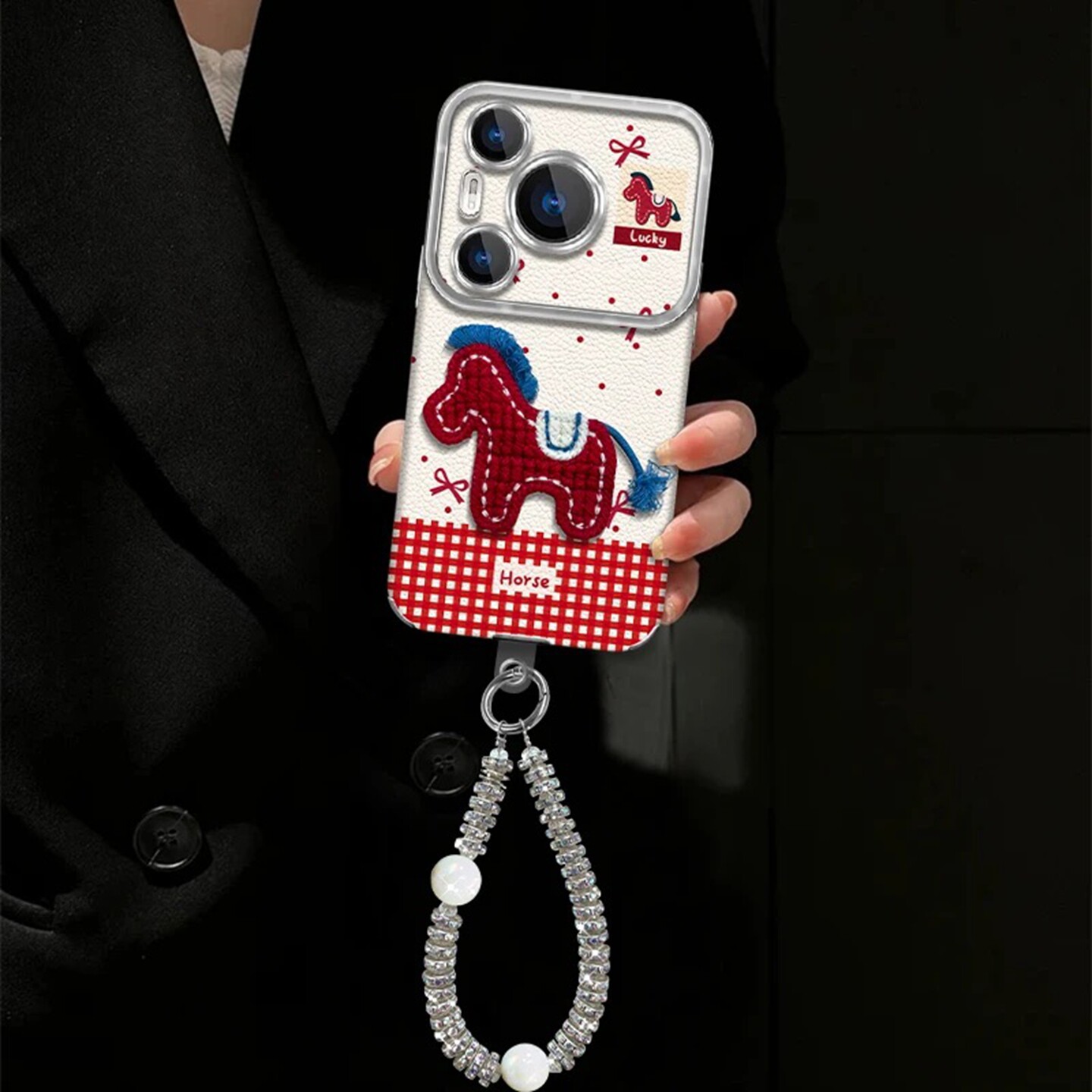 红色小马贴皮电镀大视窗适用华为pura70手机壳新款简约高颜值p60/50外壳硅胶防摔带手链pura80保护壳女款