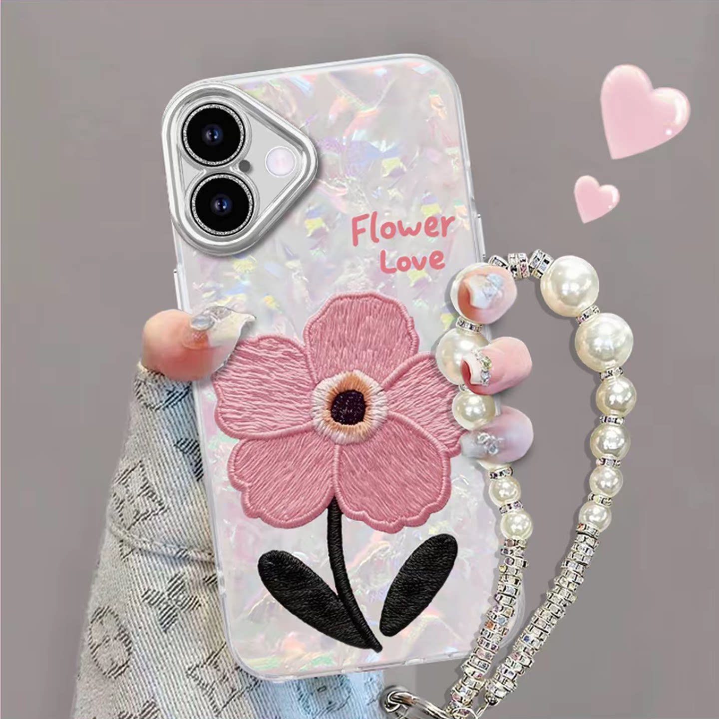 粉色花朵贝壳纹适用苹果17手机壳新款简约耐看iPhone17promax外壳硅胶带手链防摔镜头膜苹果17Pro手机套女款