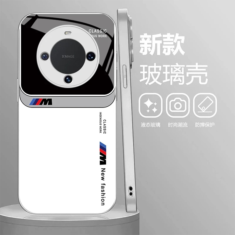 英文宝马玻璃壳适用华为mate60Pro手机壳新款简约商务mate60/70外壳防摔全包不顶膜创意小众mate50手机套男款