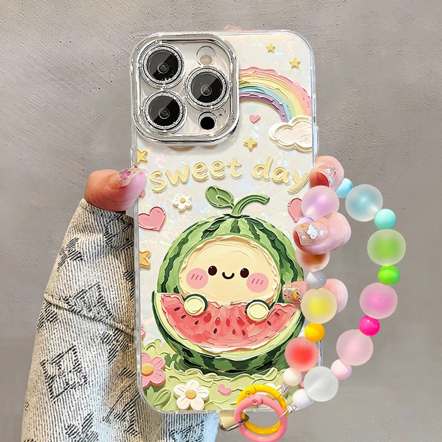 油画感夏日西瓜贝壳纹适用苹果16pro手机壳新款简约高颜值iPhone17/16外壳多巴胺手链镜头膜防摔保护套女款