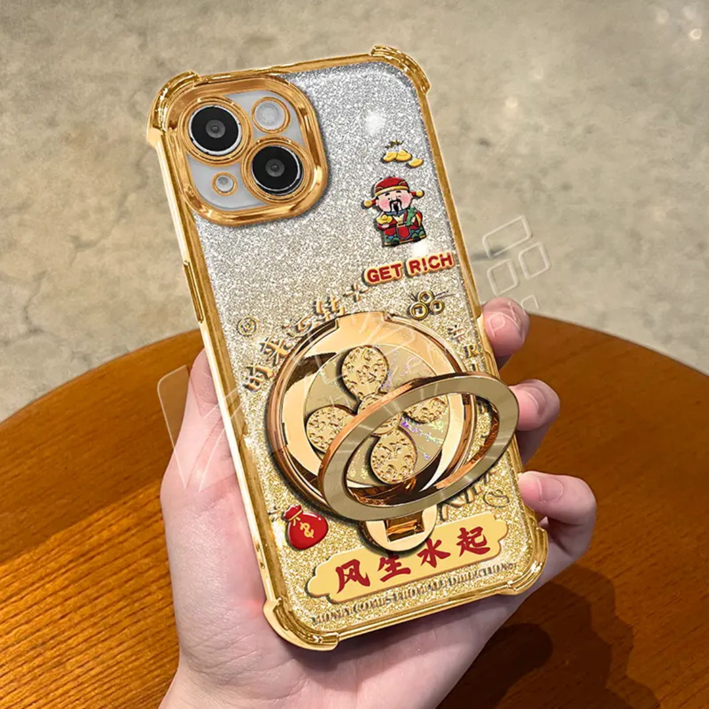 风生水起电镀防摔壳适用苹果13手机壳新款高级iPhone16/15/14外壳金色渐变卡多功能风生水起支架手机套女款