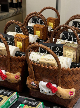 卡通小猫结婚伴娘伴手礼盒藤编手提袋送姐妹团宾客礼物包手拎篮