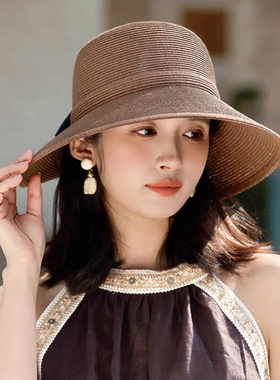 防晒渔夫帽女新款显脸小夏季户外出游遮阳帽子防紫外线大檐太阳帽