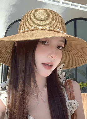 遮阳草帽女款防晒渔夫帽子大帽檐海边沙滩度假夏日可折叠女士凉帽