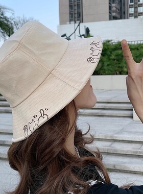 猫咪刺绣渔夫帽女夏季韩版百搭日系甜美可爱盆帽遮阳防晒薄款透气