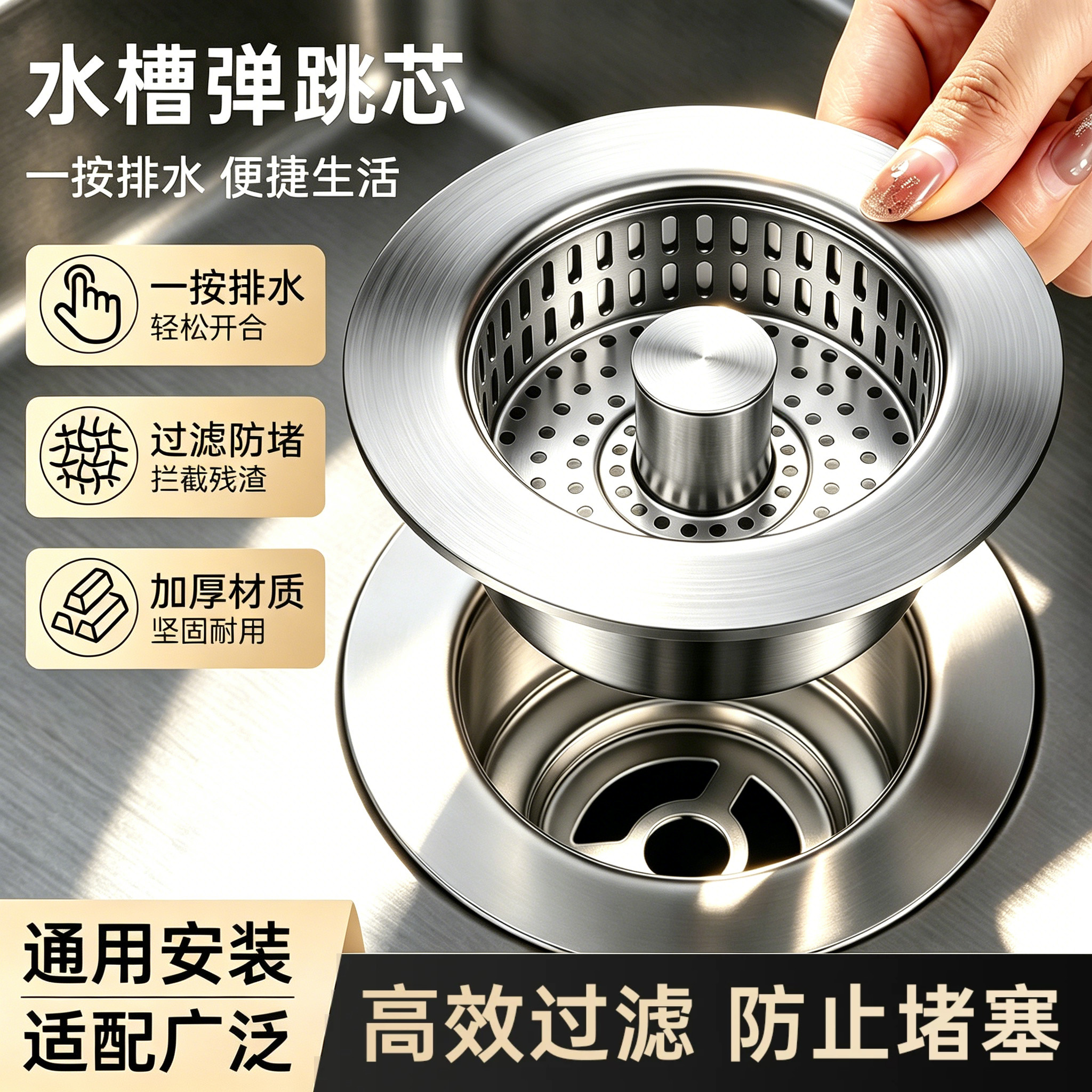 厨房水槽过滤网漏水塞不锈钢防堵按压式洗菜盆通用款弹跳芯下水器