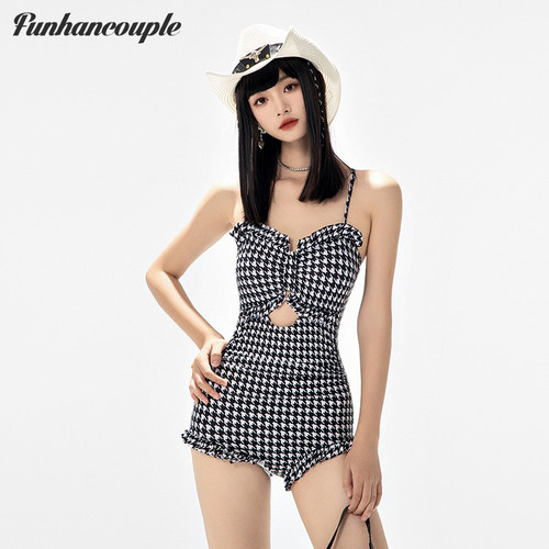 Funhancouple格子女连体复古泳衣