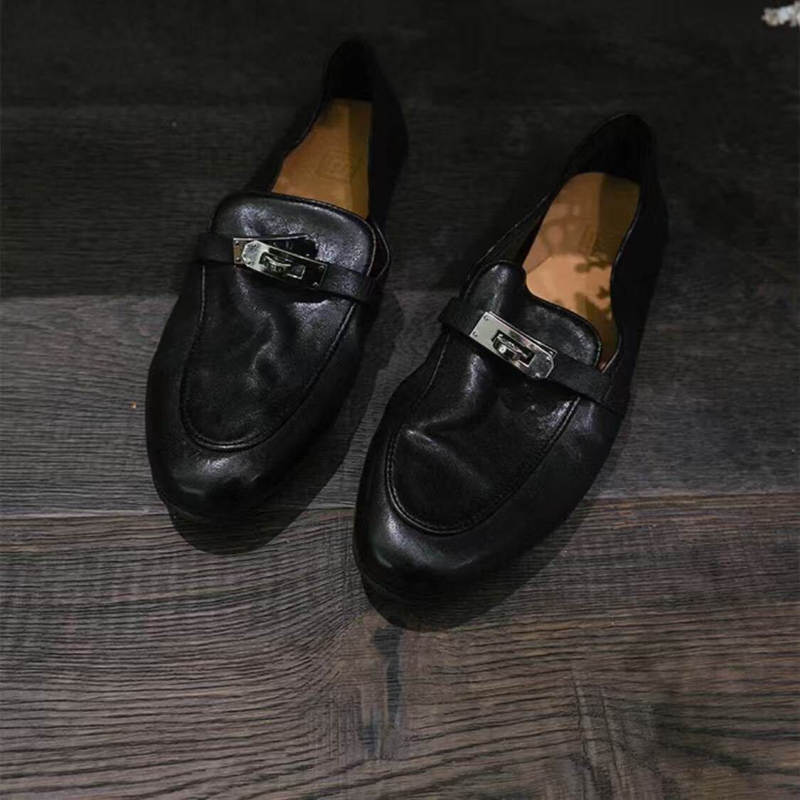 NO LOGO【首发一开】情侣款头层水洗胎牛皮乐福鞋女低跟单鞋春新