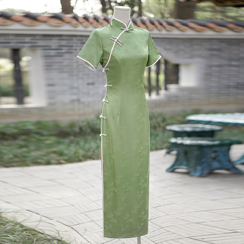绿色改良旗袍女气质高端年轻款新中式提花连衣裙春夏小清新中国风