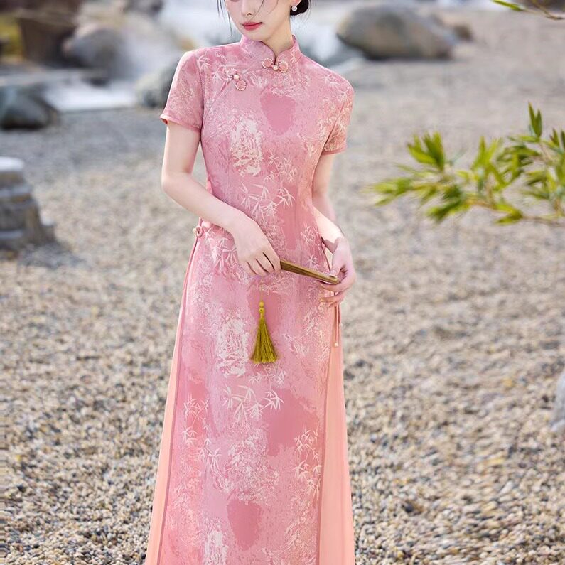吾伴你年轻款粉色改良奥黛旗袍2025春夏季收腰新中式日常女连衣裙