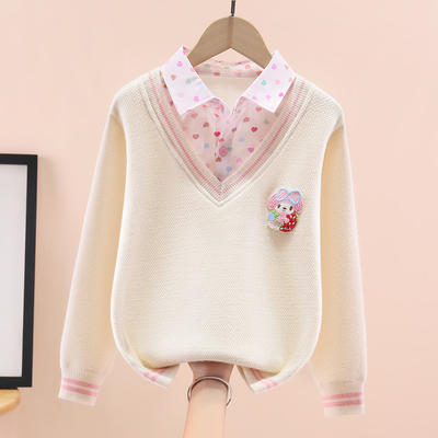 女童毛衣儿童2025新款加绒一体绒冬装洋气衬衫领假两件女孩打底衫