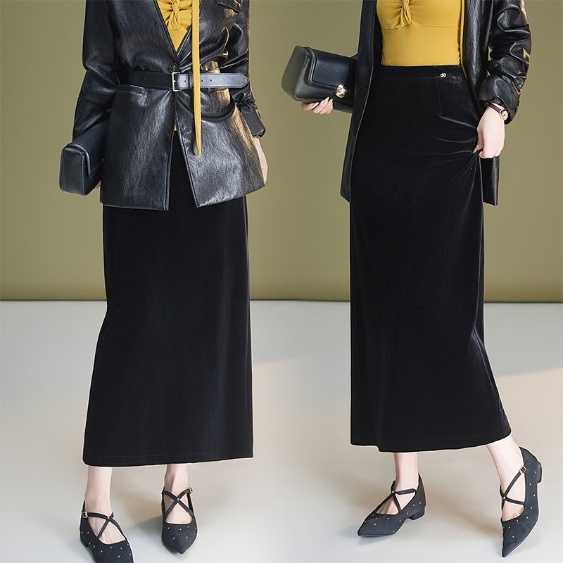 实拍长款金丝绒显瘦黑色直筒裙秋冬季垂感时尚半身裙后开叉一步裙