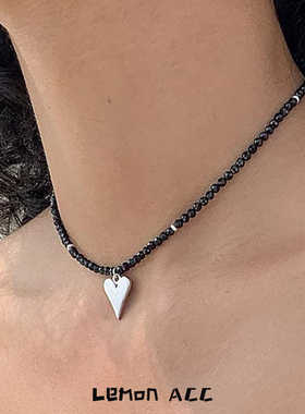 天然晶石黑色爱心项链