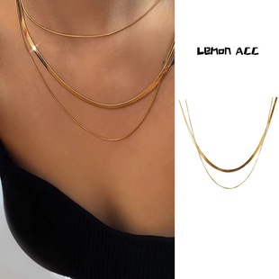 肯豆同款 项链女欧美简约潮冷淡风宽扁叠戴刀片锁骨链 双层蛇骨短款