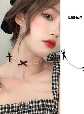 黑色丝绒蝴蝶结珍珠项链女锁骨链