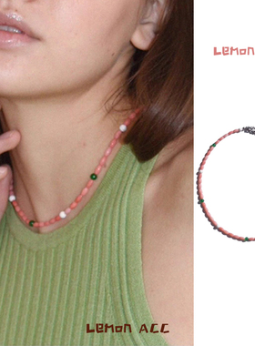 Lemon 小众设计usite粉绿色拼接复古天然贝壳母贝米珠项链锁骨链