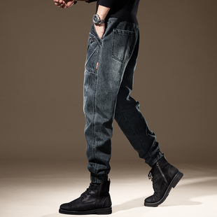 高端美式复古哈伦牛仔裤子男秋季加绒潮牌拼接水洗宽松休闲束脚裤